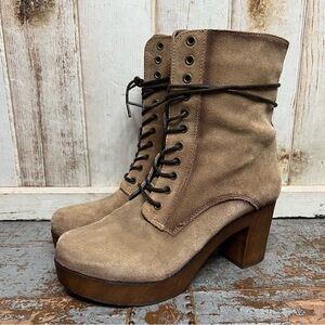 Eric Michael Tan Suede Lace Up Zip Platform Wood Heel Boots